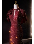 Mermaid Split Front Sequined Prom Dress with Cape Sleeves