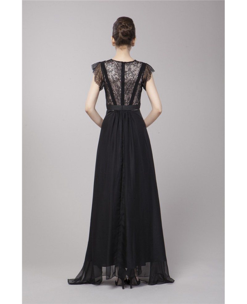 Elegant A-Line Black Chiffon Long Formal Dress With Lace Top #CK80 $90.1 -  GemGrace.com