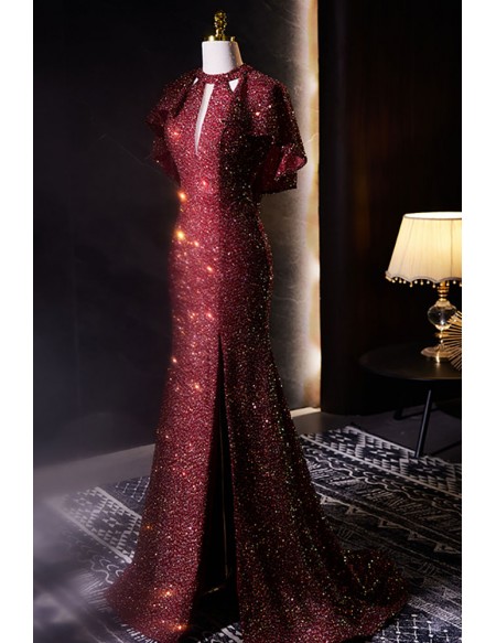 Mermaid Split Front Sequined Prom Dress with Cape Sleeves
