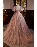 Romantic Princess Pink Ballgown Prom Dress Ruffled with Bubble Sleeves
