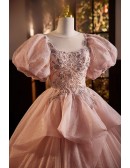 Romantic Princess Pink Ballgown Prom Dress Ruffled with Bubble Sleeves