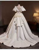 Vintage Satin Ballgown Wedding Dress Vneck with Bubble Sleeves