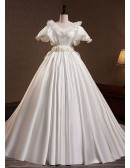 Vintage Satin Ballgown Wedding Dress Vneck with Bubble Sleeves