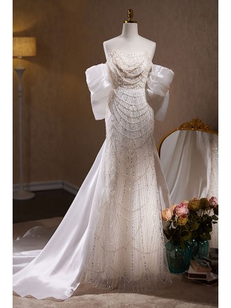Unique Luxury White Sequined Pearls Formal Prom Dress with Train