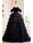 Off Shoulder Gothic Black Tulle Ruffled Ballgown Prom Dress