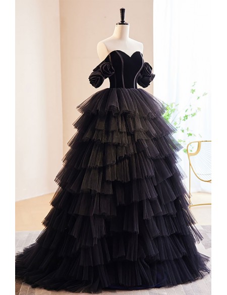 Off Shoulder Gothic Black Tulle Ruffled Ballgown Prom Dress