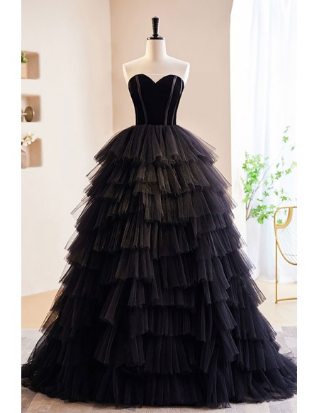 Off Shoulder Gothic Black Tulle Ruffled Ballgown Prom Dress #MX18026 ...
