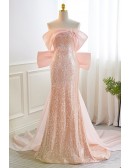 Charming Pink Sequins Mermaid Prom Dress with Big Bow Train