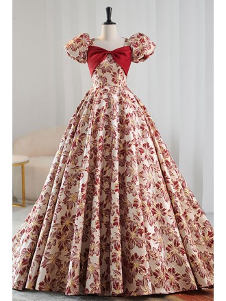 Unique Burgundy Floral Pattern Ballgown Prom Dress with Sleeves