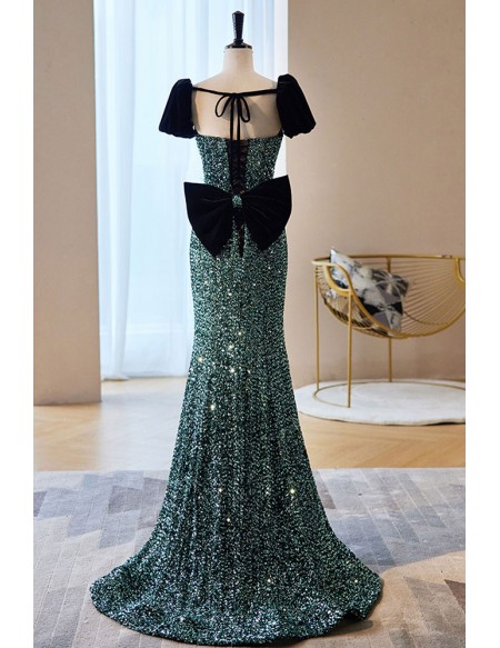 Green Mermaid Sequined Evening Prom Dress with Big Bow In Back
