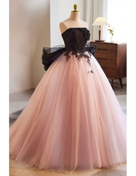 Stunning Black And Pink Tulle Ballgown Prom Dress Strapless