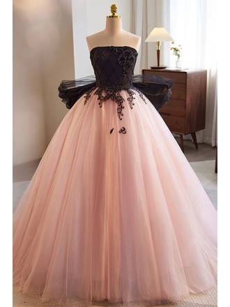 Stunning Black And Pink Tulle Ballgown Prom Dress Strapless