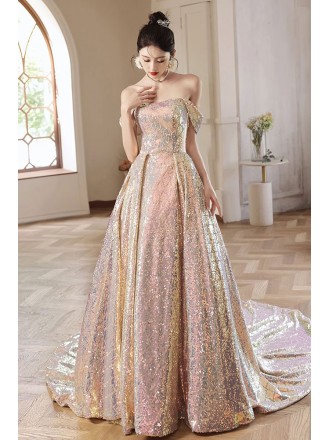 Sparkly Sequined Off Shoulder Long Prom Dress with Train