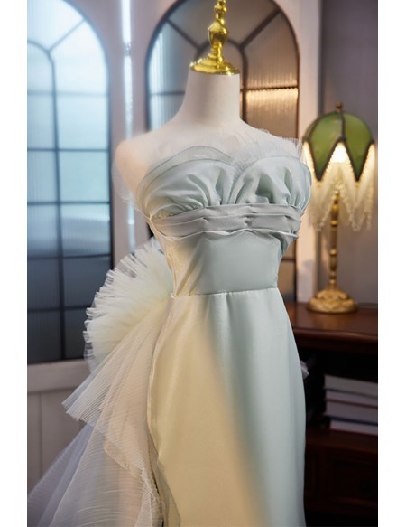Elegant Light Green Prom Dress Strapless with Tulle Train
