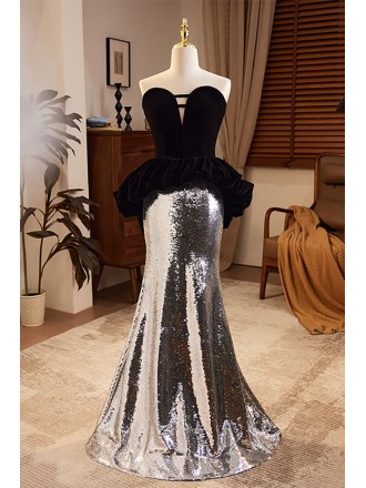 Chic Black And Silver Sequined Mermaid Long Dress For Formal
