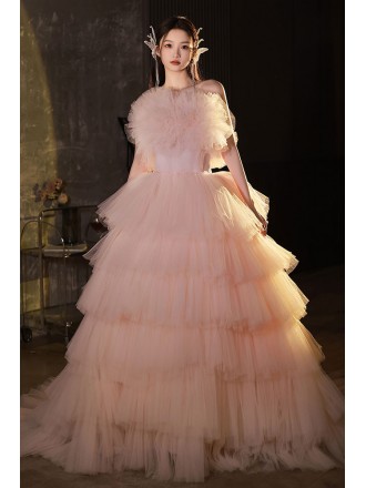 Fairytale Pink Puffy Ruffles Ballgown Prom Dress
