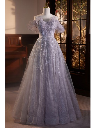 Beautiful Sequined Purple Tulle Ballgown Prom Dress with Bling