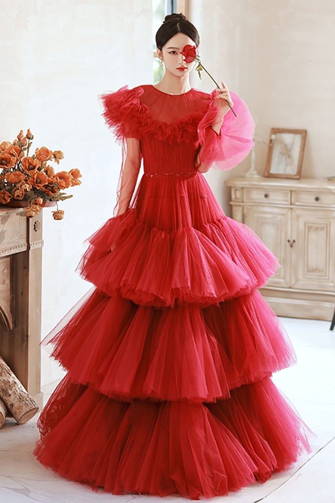 Red Tulle Sleeved Ballgown Prom Dress main image 0