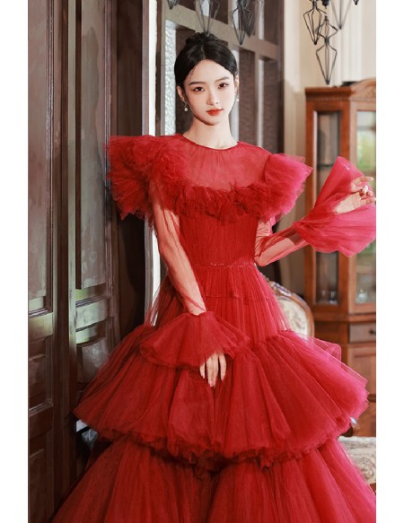 Unique Red Ruffled Tulle Ballgown Prom Dress with Sheer Sleeves