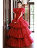 Unique Red Ruffled Tulle Ballgown Prom Dress with Sheer Sleeves