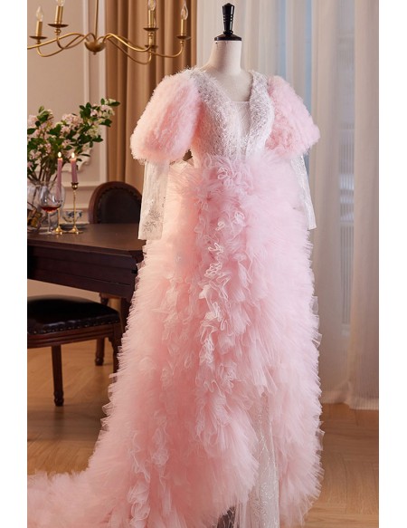 Unique Pink High Low Formal Prom Dress with Ruffles