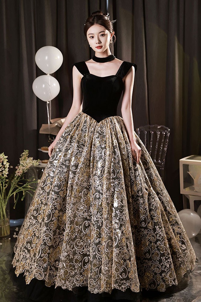 Gold Lace Off The Shoulder Long Prom Dress Ball Gown main image 1
