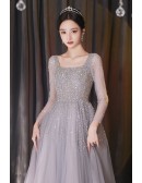 Elegant Square Neck Sequined Silver Prom Dress with Sheer Sleeves