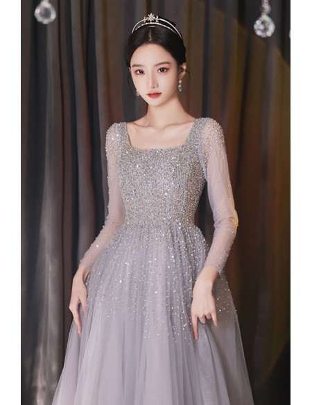 Elegant Square Neck Sequined Silver Prom Dress with Sheer Sleeves