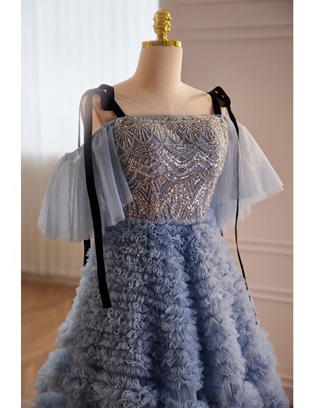 Luxury Formal Long Blue Unique Prom Dress with Bling Straps