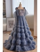 Luxury Formal Long Blue Unique Prom Dress with Bling Straps