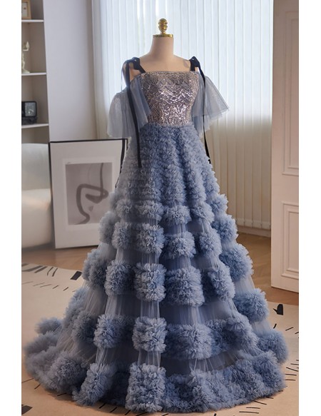 Luxury Formal Long Blue Unique Prom Dress with Bling Straps