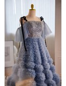 Luxury Formal Long Blue Unique Prom Dress with Bling Straps