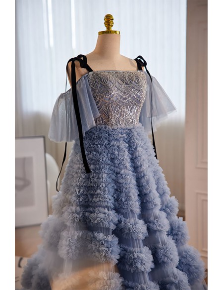 Luxury Formal Long Blue Unique Prom Dress with Bling Straps