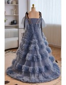 Luxury Formal Long Blue Unique Prom Dress with Bling Straps