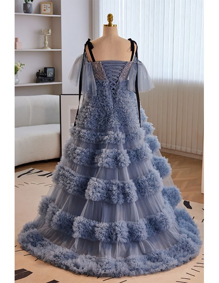Luxury Formal Long Blue Unique Prom Dress with Bling Straps