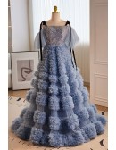 Luxury Formal Long Blue Unique Prom Dress with Bling Straps