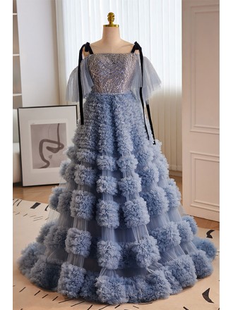 Luxury Formal Long Blue Unique Prom Dress with Bling Straps