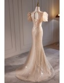Elegant Champagne Mermaid Long Prom Dress with Beadings