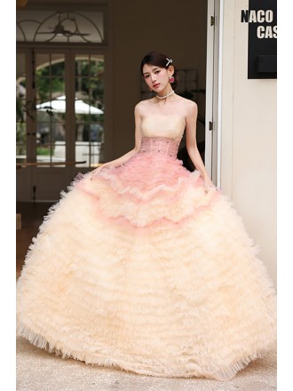 Cute Ruffled Tulle Ballgown Prom Dress Strapless