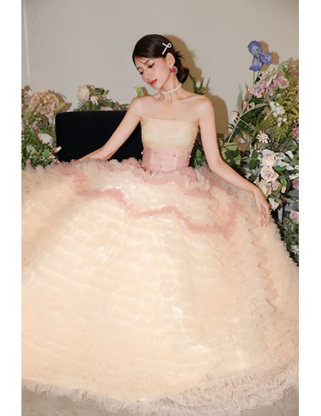 Cute Ruffled Tulle Ballgown Prom Dress Strapless