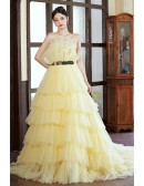 Yellow Tiered Puffy Tulle Ballgown Prom Dress