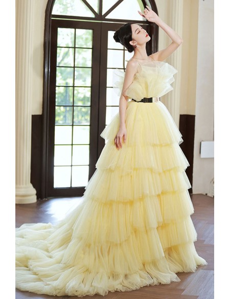 Yellow Tiered Puffy Tulle Ballgown Prom Dress