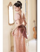 Elegant Pink Sequined Prom Dress with Short Sleeves
