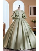 Fairytale Green Satin Ballgown Prom Dress with Bow Knots Sleeves