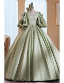 Fairytale Green Satin Ballgown Prom Dress with Bow Knots Sleeves