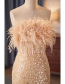 Champagne Sequined Mermaid Prom Dress with Feathers