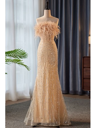 Champagne Sequined Mermaid Prom Dress with Feathers