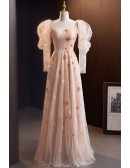 Fairytale Pink Flowers Aline Long Prom Dress with Removable Sleeves