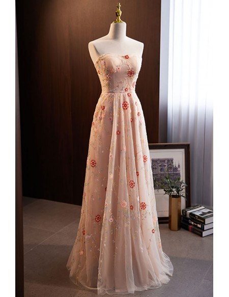 Fairytale Pink Flowers Aline Long Prom Dress with Removable Sleeves