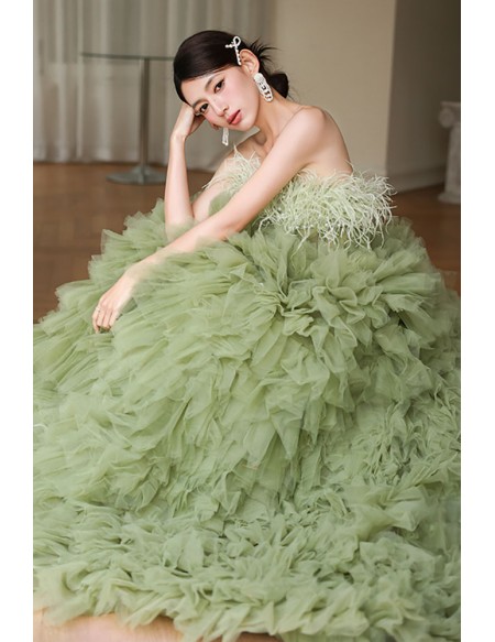 Unique Green Ruffled Tulle Ballgown Prom Dress with Feathers